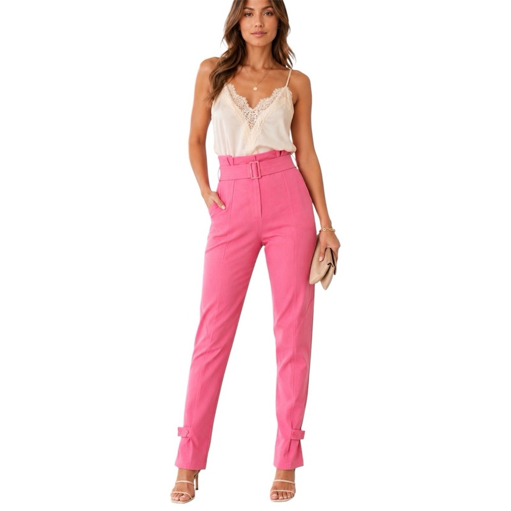 Hevron Leona Linen Pants Bubblegum Pink Paperbag Waist Belted.NWT.Sz 2